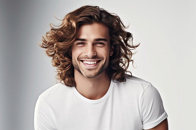 Hombre joven con cabello largo sonrie por tratamiento de factor de crecimiento