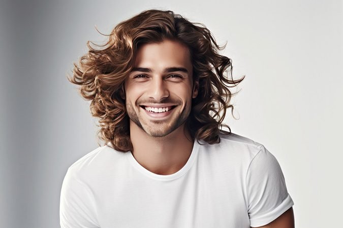 Hombre joven con cabello largo sonrie por tratamiento de factor de crecimiento
